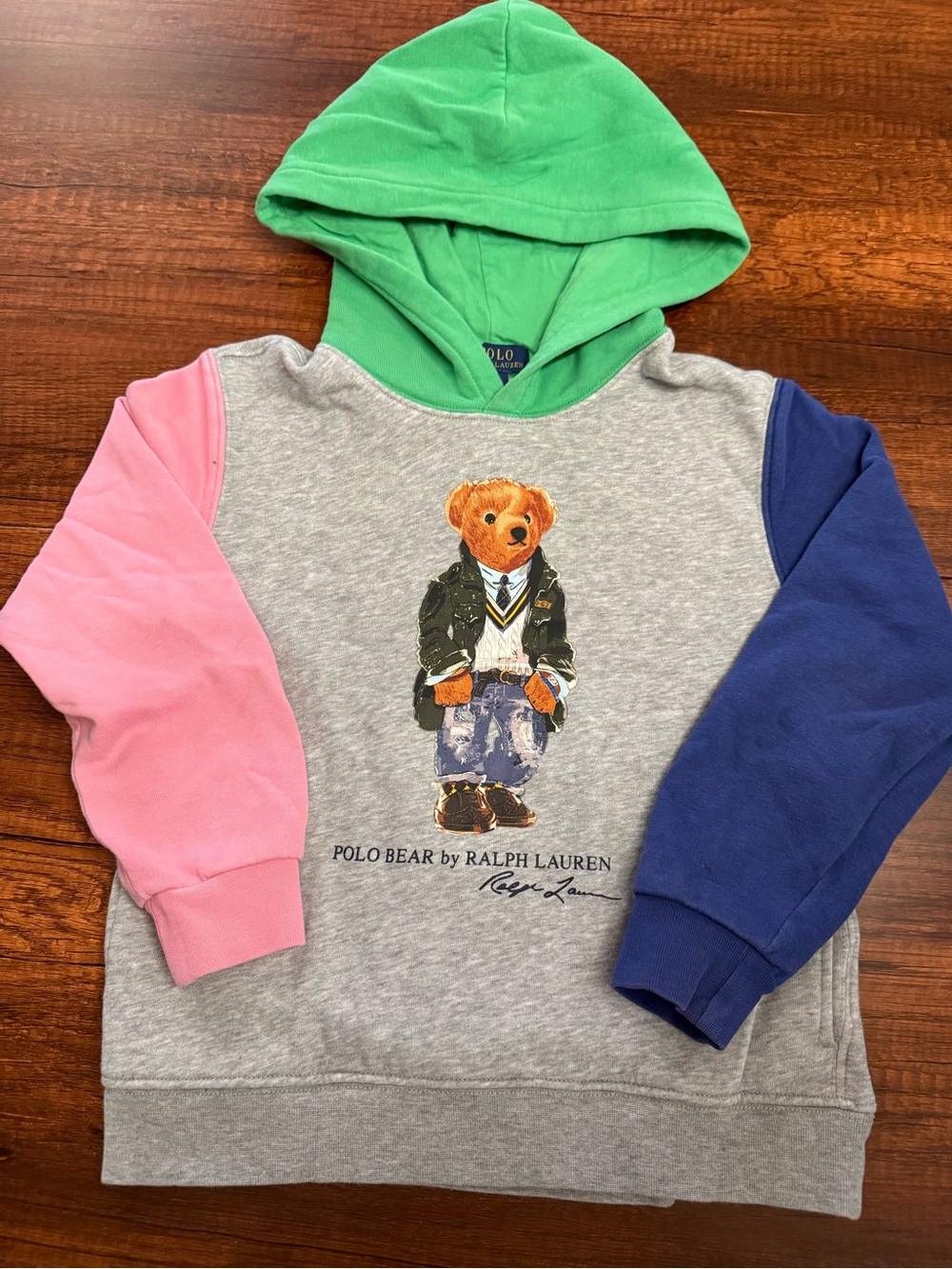 Polo by Ralph Lauren Colorblock Bear Hoodie - Green Hood, Pink & Blue Sleeves